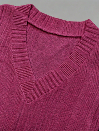 EMERY ROSE Women's V-Neck Asymmetrical Ribbed Casual Short Sleeve T-Shirt Everyday Magenta Summer