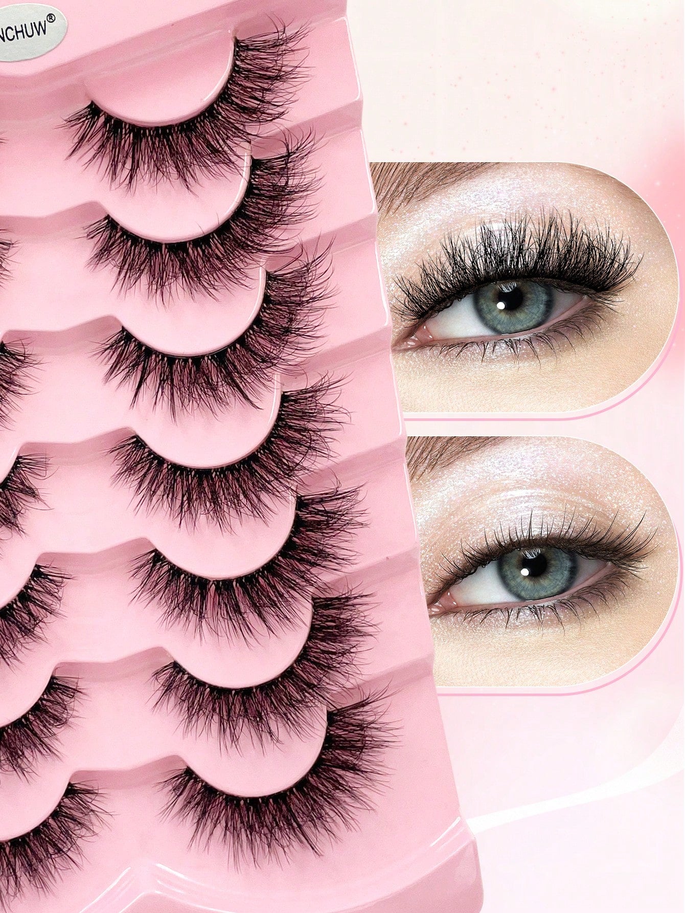 ENCHUW 7 Pairs False Eyelashes Natural Look Cat Eye Lashes With Clear Band Wispy Fake Eyelashes 3D Strip Lashes Soft Lashes Fluffy Natural Eye Lashes