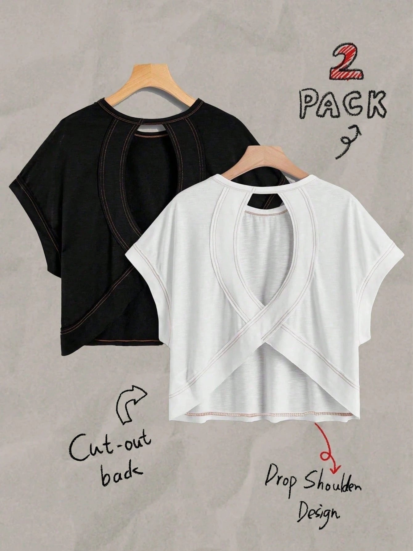 Essnce 2pcs Women Casual Round Neck Backless Batwing Sleeve T-Shirt Set,White And Black Summer Retro Y2K Boho Gym Music Festival Cut-Out Back Top