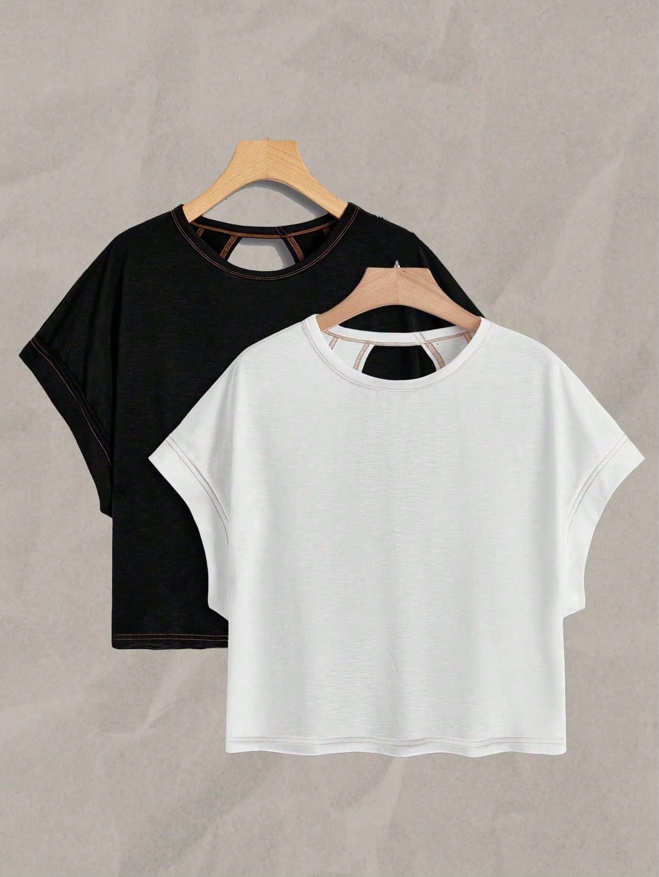 Essnce 2pcs Women Casual Round Neck Backless Batwing Sleeve T-Shirt Set,White And Black Summer Retro Y2K Boho Gym Music Festival Cut-Out Back Top