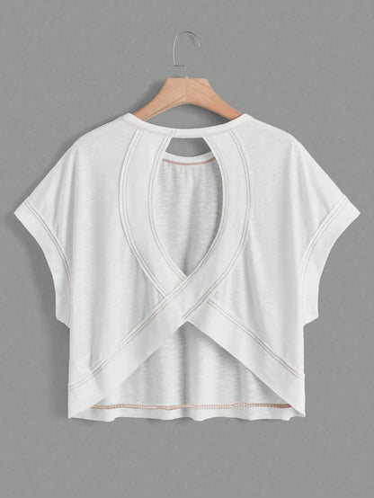 Essnce 2pcs Women Casual Round Neck Backless Batwing Sleeve T-Shirt Set,White And Black Summer Retro Y2K Boho Gym Music Festival Cut-Out Back Top