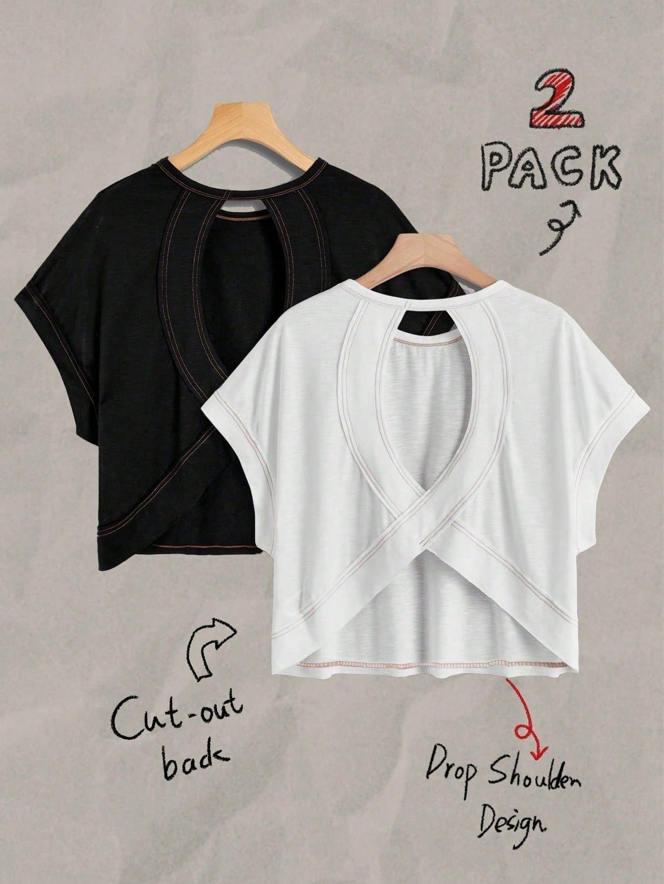 Essnce 2pcs Women Casual Round Neck Backless Batwing Sleeve T-Shirt Set,White And Black Summer Retro Y2K Boho Gym Music Festival Cut-Out Back Top