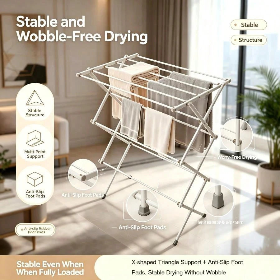 Expandable Foldable Clothes Drying Rack, X-Structure Heavy Duty Stainless Steel Laundry Air Dryer With Non-Slip Feet, Large Capacity Foldaway Towel Garment Rack For Indoor Outdoor Clothes Drying Stora