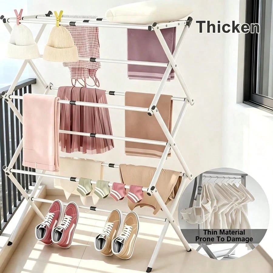 Expandable Foldable Clothes Drying Rack, X-Structure Heavy Duty Stainless Steel Laundry Air Dryer With Non-Slip Feet, Large Capacity Foldaway Towel Garment Rack For Indoor Outdoor Clothes Drying Stora