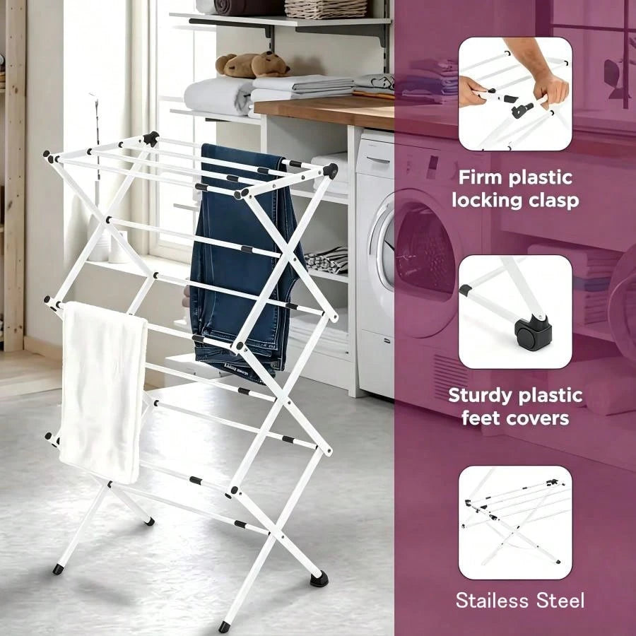 Expandable Foldable Clothes Drying Rack, X-Structure Heavy Duty Stainless Steel Laundry Air Dryer With Non-Slip Feet, Large Capacity Foldaway Towel Garment Rack For Indoor Outdoor Clothes Drying Stora
