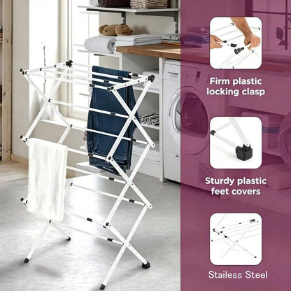 Expandable Foldable Clothes Drying Rack, X-Structure Heavy Duty Stainless Steel Laundry Air Dryer With Non-Slip Feet, Large Capacity Foldaway Towel Garment Rack For Indoor Outdoor Clothes Drying Stora