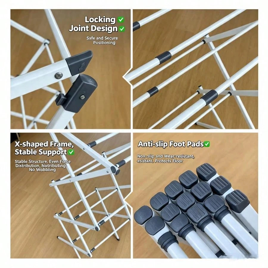 Expandable Foldable Clothes Drying Rack, X-Structure Heavy Duty Stainless Steel Laundry Air Dryer With Non-Slip Feet, Large Capacity Foldaway Towel Garment Rack For Indoor Outdoor Clothes Drying Stora