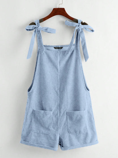 EZwear Knot Shoulder Patch Pocket Roll Hem Pinafore Romper