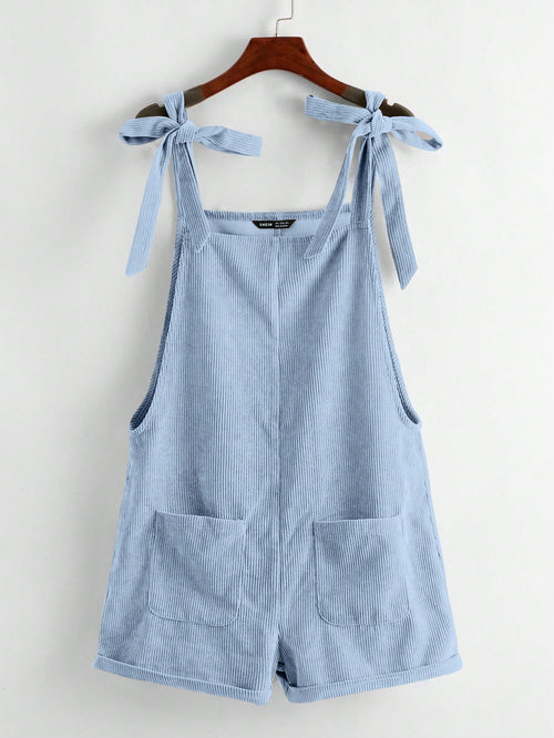 EZwear Knot Shoulder Patch Pocket Roll Hem Pinafore Romper