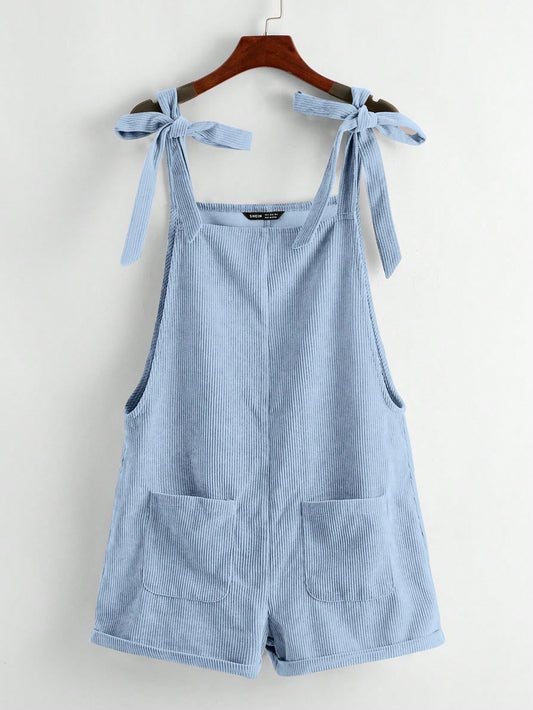 EZwear Knot Shoulder Patch Pocket Roll Hem Pinafore Romper