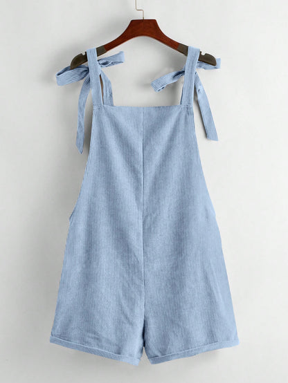 EZwear Knot Shoulder Patch Pocket Roll Hem Pinafore Romper