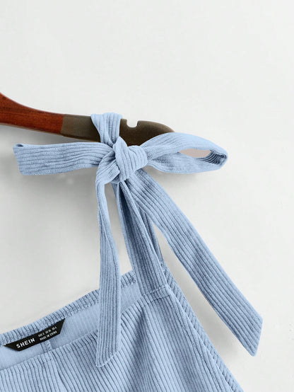 EZwear Knot Shoulder Patch Pocket Roll Hem Pinafore Romper