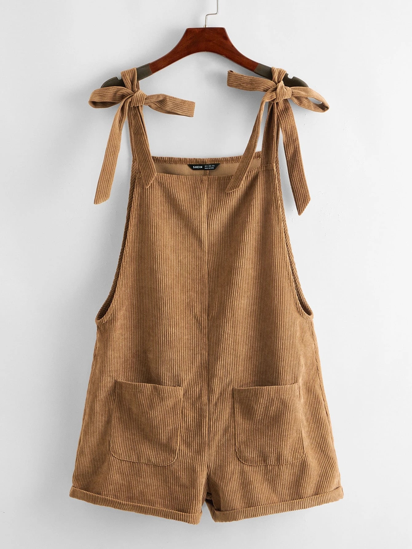 EZwear Knot Shoulder Patch Pocket Roll Hem Pinafore Romper