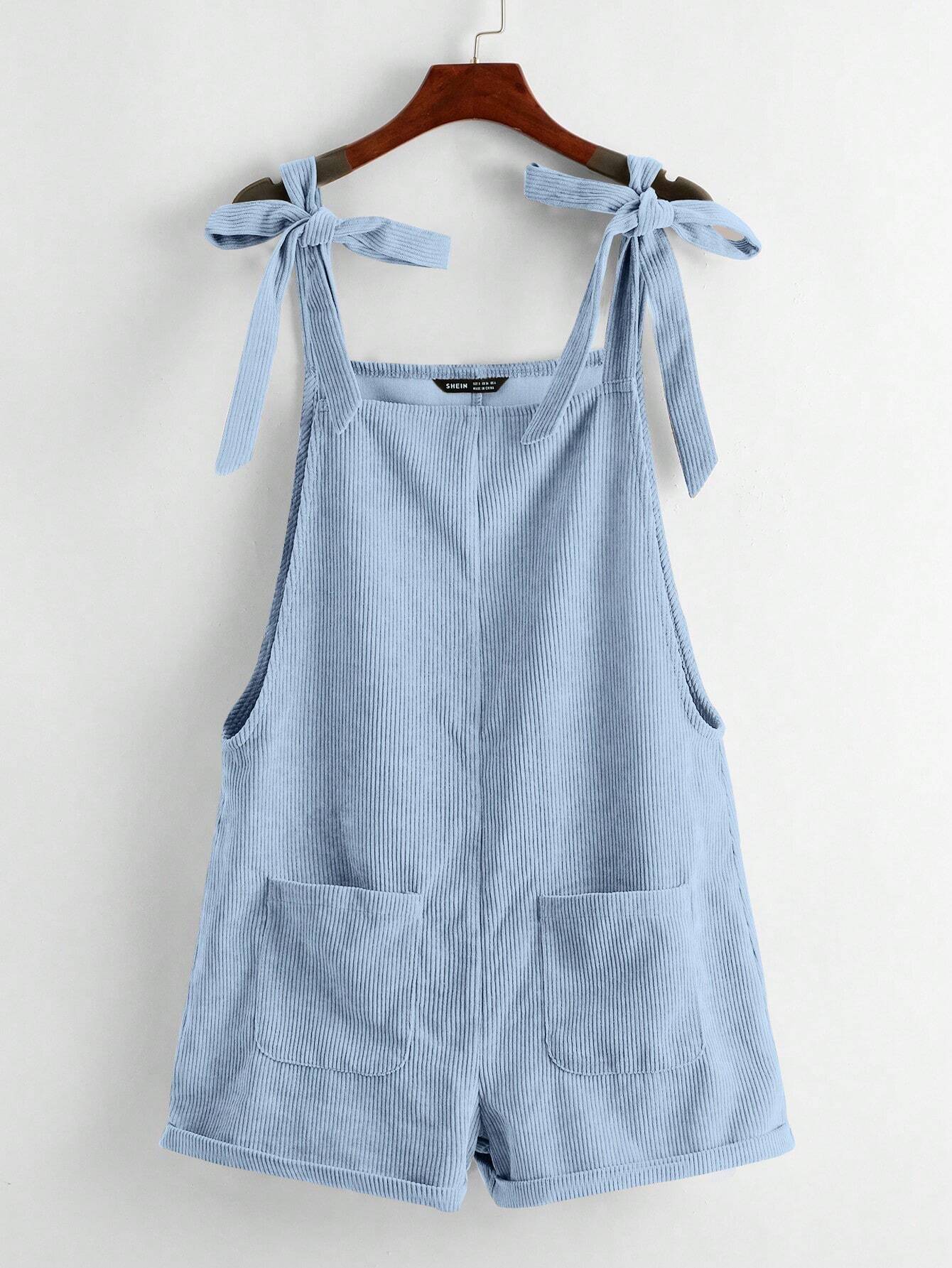 EZwear Knot Shoulder Patch Pocket Roll Hem Pinafore Romper