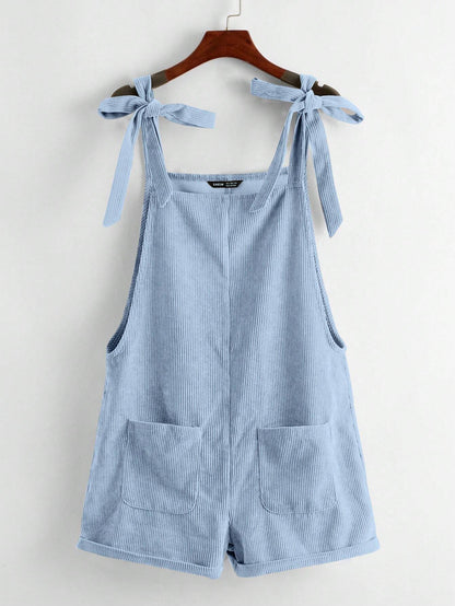 EZwear Knot Shoulder Patch Pocket Roll Hem Pinafore Romper