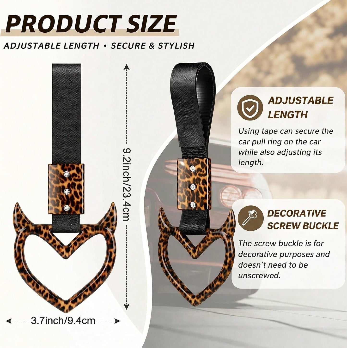 Fabbay Leopard Heart Car Handle Strap Drift Charm Car Accessories For Women Cheetah Heart Rear Bumper Warning Ring Decor For Auto Bus Subway Interior