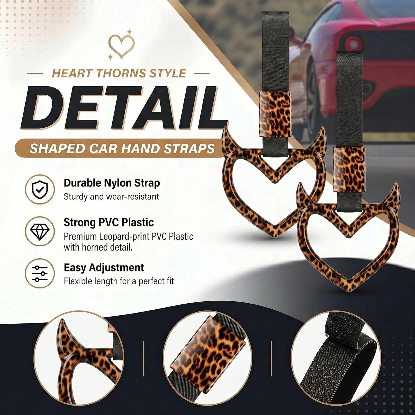 Fabbay Leopard Heart Car Handle Strap Drift Charm Car Accessories For Women Cheetah Heart Rear Bumper Warning Ring Decor For Auto Bus Subway Interior
