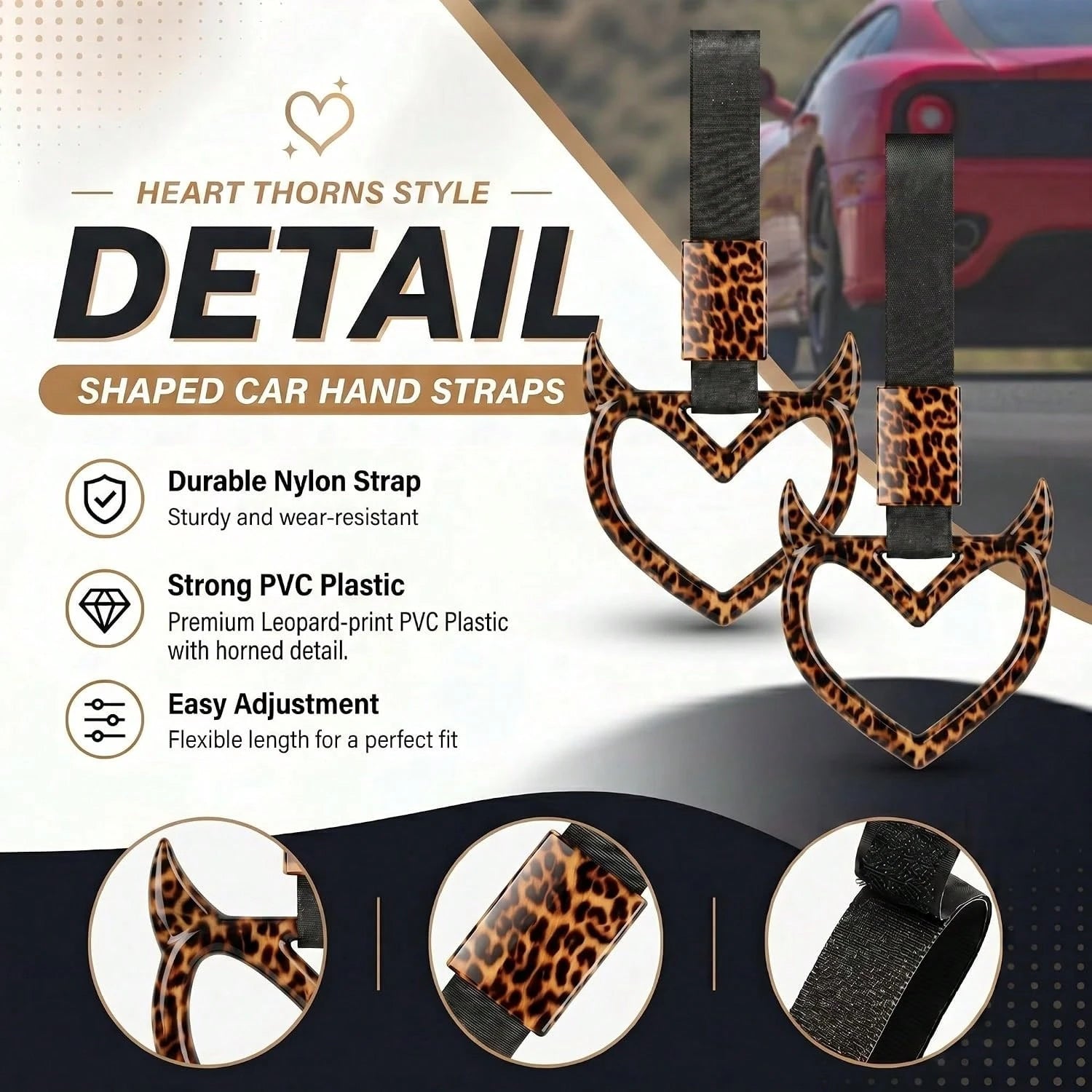 Fabbay Leopard Heart Car Handle Strap Drift Charm Car Accessories For Women Cheetah Heart Rear Bumper Warning Ring Decor For Auto Bus Subway Interior
