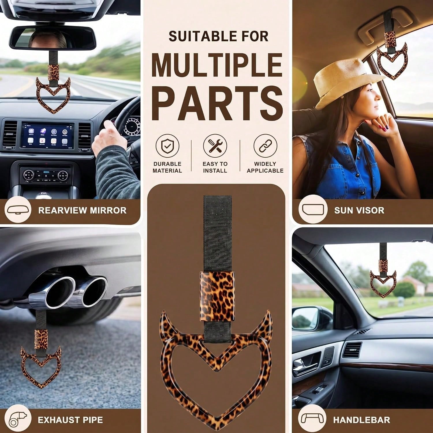 Fabbay Leopard Heart Car Handle Strap Drift Charm Car Accessories For Women Cheetah Heart Rear Bumper Warning Ring Decor For Auto Bus Subway Interior