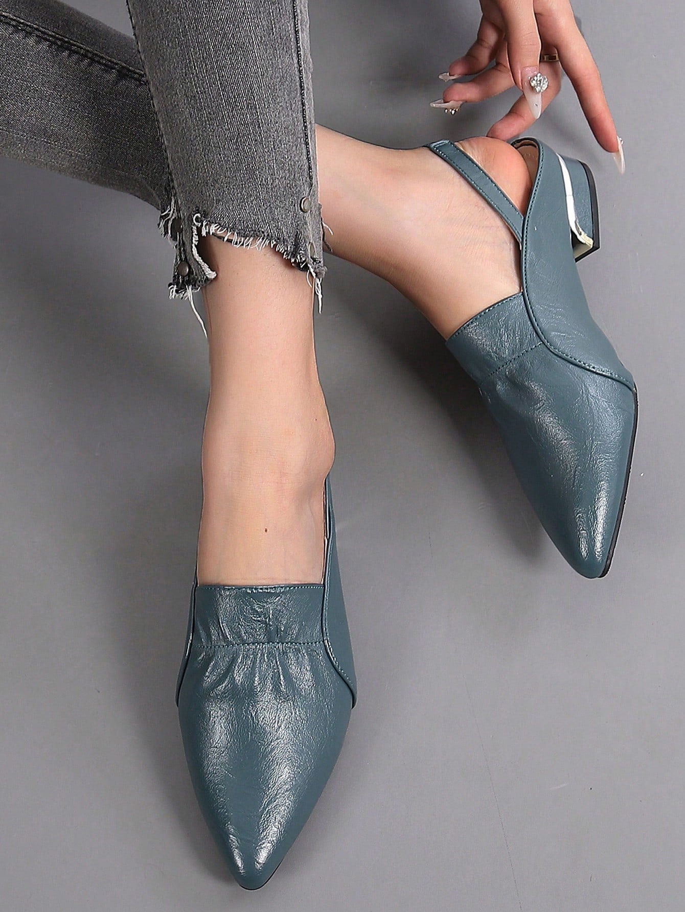 Fashion Blue Flats For Women, Ruched Detail Point Toe Slingback Flats