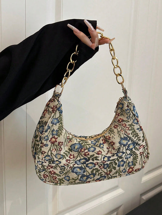Fashion Metal Chain Handle Handbag, Casual Floral Pattern Tote Bag For Women