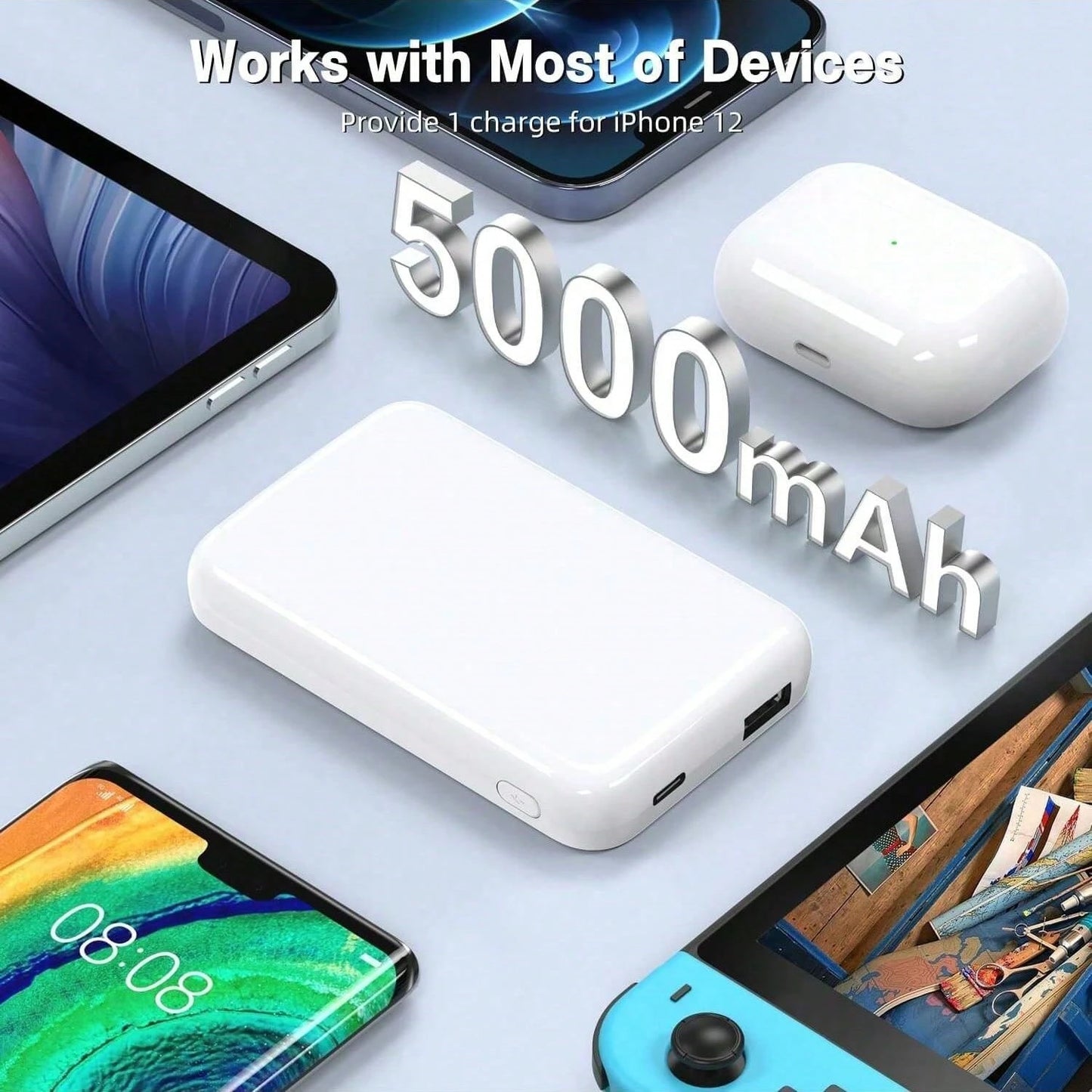 Fast Charging Magnetic Power Bank Portable Power Supply MagSafe Ring For Battery Pack 5000mAh Magnetic Power Bank With Type-C Cable Fast Charging Lighting Input Wireless Portable Charger For 16/15/14