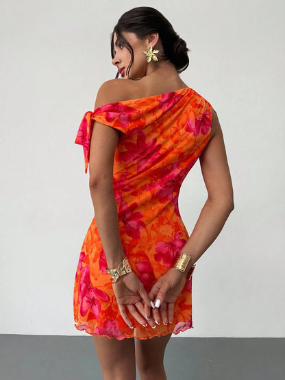 Firerie Women's Burnt Orange Floral Mesh Mini Dress, Summer, Girly Sexy, Holiday, Vacation Asymmetric One Shoulder Elegant Beach Night Out Date Night Outfit