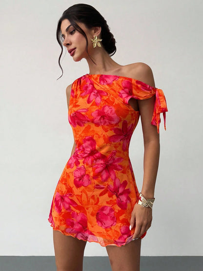 Firerie Women's Burnt Orange Floral Mesh Mini Dress, Summer, Girly Sexy, Holiday, Vacation Asymmetric One Shoulder Elegant Beach Night Out Date Night Outfit