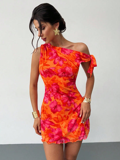 Firerie Women's Burnt Orange Floral Mesh Mini Dress, Summer, Girly Sexy, Holiday, Vacation Asymmetric One Shoulder Elegant Beach Night Out Date Night Outfit