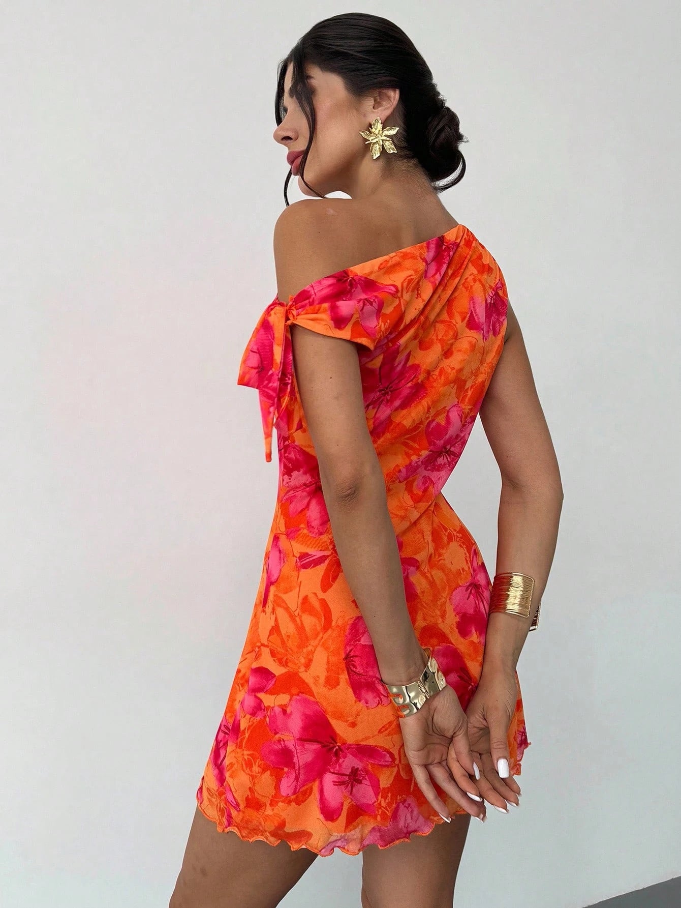 Firerie Women's Burnt Orange Floral Mesh Mini Dress, Summer, Girly Sexy, Holiday, Vacation Asymmetric One Shoulder Elegant Beach Night Out Date Night Outfit