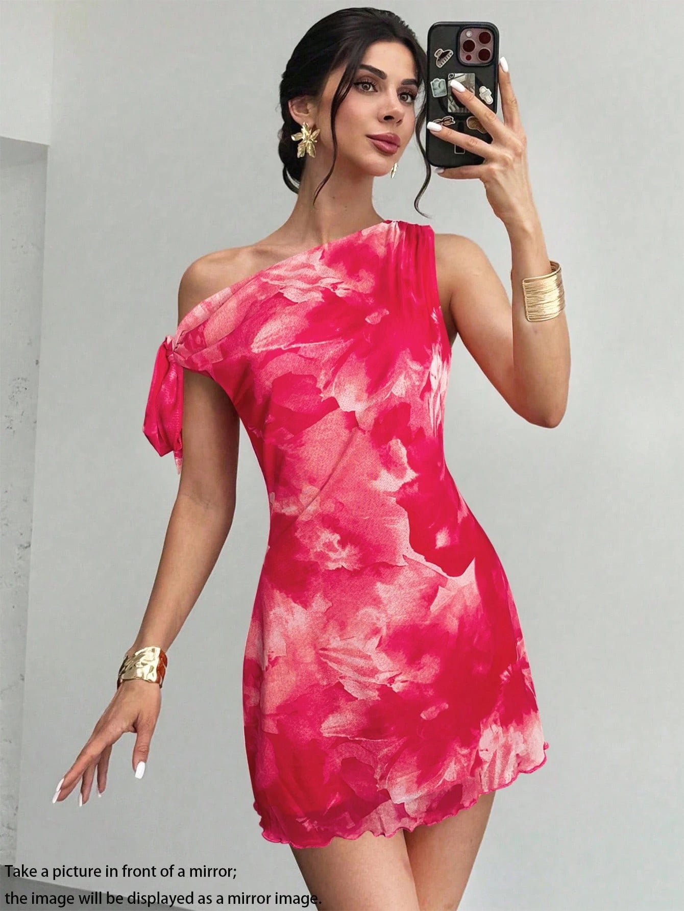 Firerie Women's Burnt Orange Floral Mesh Mini Dress, Summer, Girly Sexy, Holiday, Vacation Asymmetric One Shoulder Elegant Beach Night Out Date Night Outfit