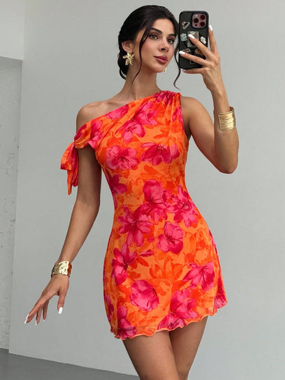 Firerie Women's Burnt Orange Floral Mesh Mini Dress, Summer, Girly Sexy, Holiday, Vacation Asymmetric One Shoulder Elegant Beach Night Out Date Night Outfit