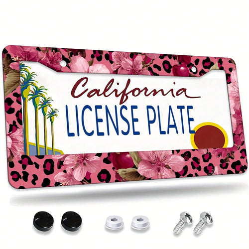 For Decorative Purposes Only, Car Accessory, 1 Aluminum License Plate Frame, Featuring Pink And Gold Leopard Print And Cherry Blossom Patterns- Made With Heavy-Duty Aluminum Construction, Rust-Proof
