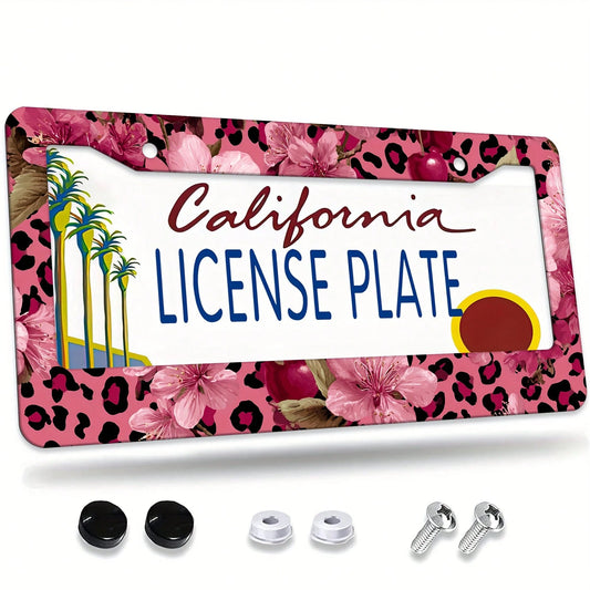 For Decorative Purposes Only, Car Accessory, 1 Aluminum License Plate Frame, Featuring Pink And Gold Leopard Print And Cherry Blossom Patterns- Made With Heavy-Duty Aluminum Construction, Rust-Proof