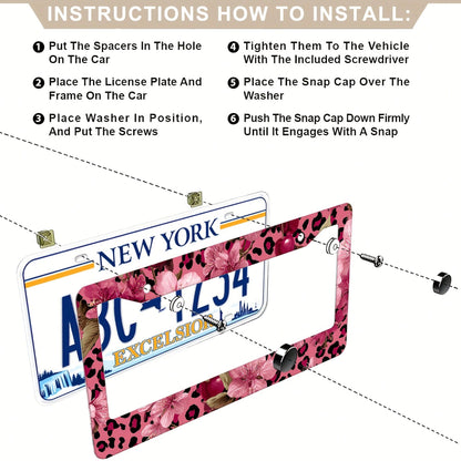 For Decorative Purposes Only, Car Accessory, 1 Aluminum License Plate Frame, Featuring Pink And Gold Leopard Print And Cherry Blossom Patterns- Made With Heavy-Duty Aluminum Construction, Rust-Proof