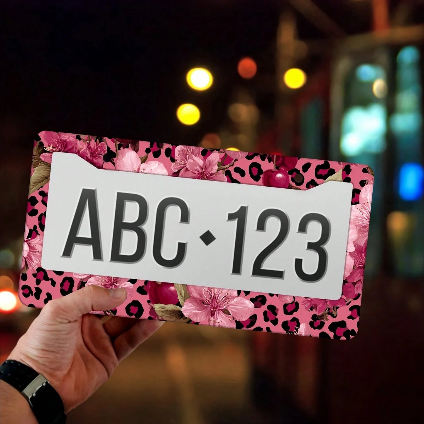 For Decorative Purposes Only, Car Accessory, 1 Aluminum License Plate Frame, Featuring Pink And Gold Leopard Print And Cherry Blossom Patterns- Made With Heavy-Duty Aluminum Construction, Rust-Proof
