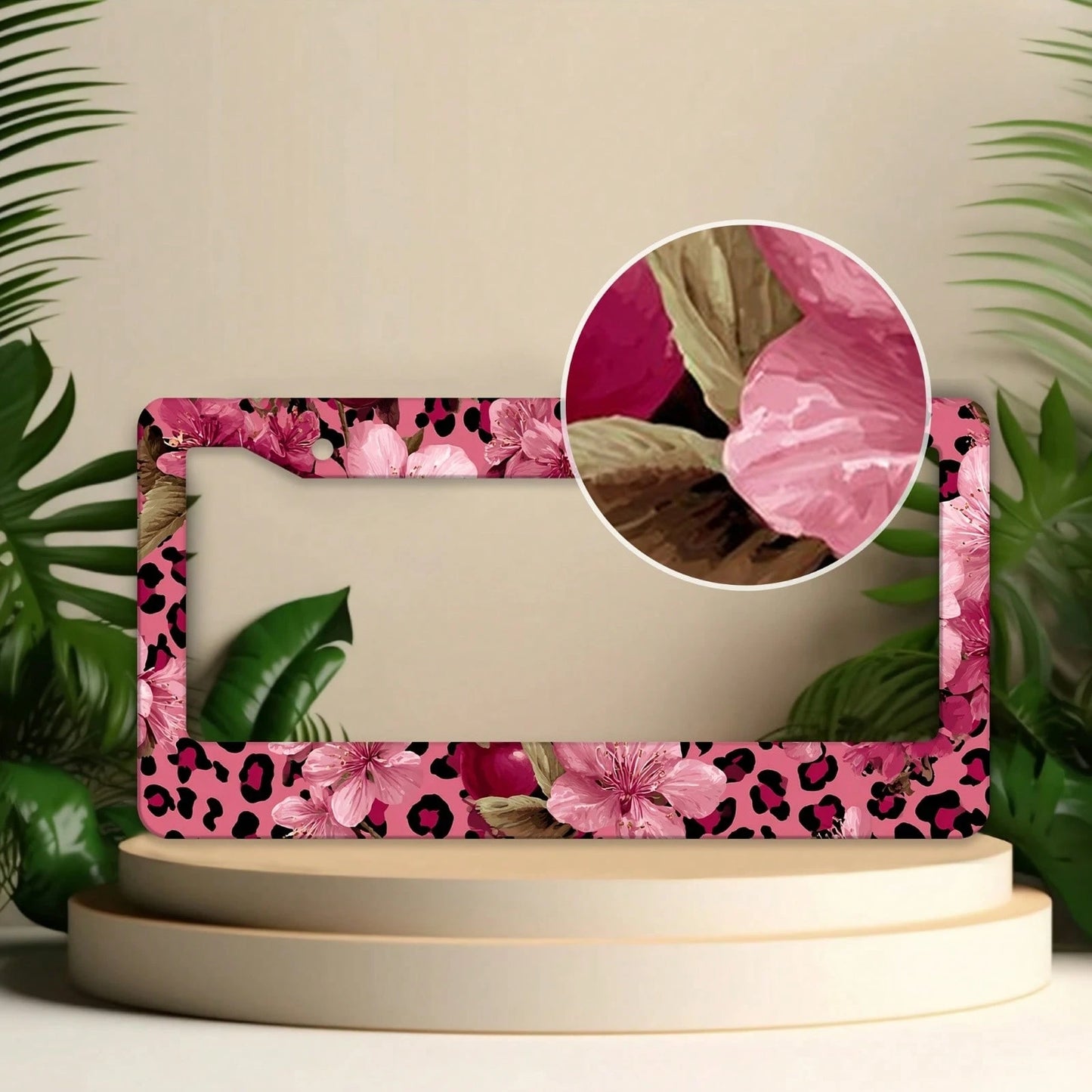 For Decorative Purposes Only, Car Accessory, 1 Aluminum License Plate Frame, Featuring Pink And Gold Leopard Print And Cherry Blossom Patterns- Made With Heavy-Duty Aluminum Construction, Rust-Proof