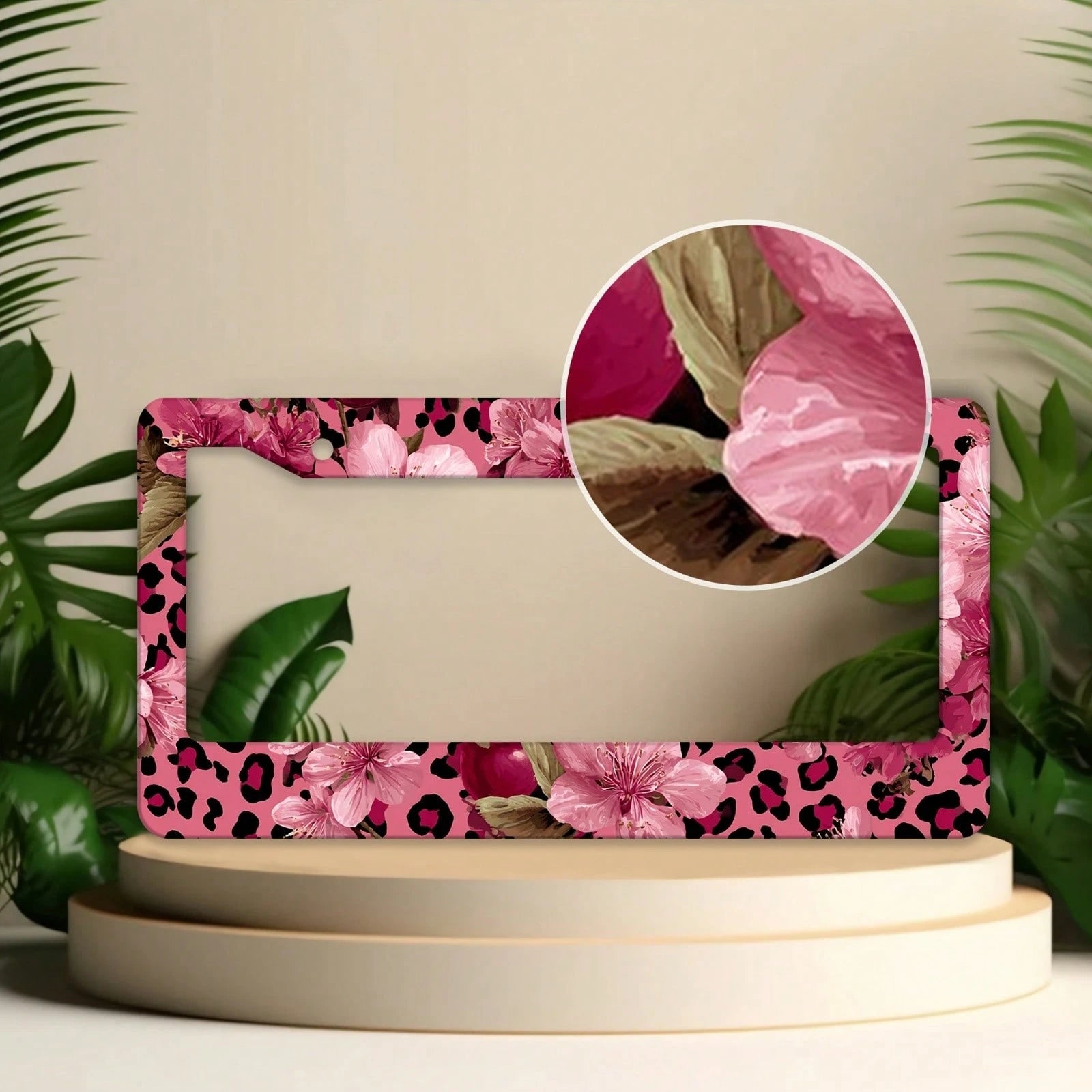 For Decorative Purposes Only, Car Accessory, 1 Aluminum License Plate Frame, Featuring Pink And Gold Leopard Print And Cherry Blossom Patterns- Made With Heavy-Duty Aluminum Construction, Rust-Proof