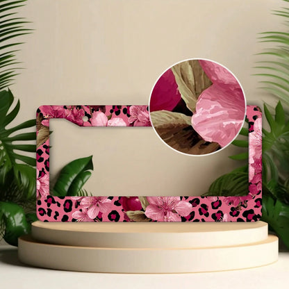 For Decorative Purposes Only, Car Accessory, 1 Aluminum License Plate Frame, Featuring Pink And Gold Leopard Print And Cherry Blossom Patterns- Made With Heavy-Duty Aluminum Construction, Rust-Proof