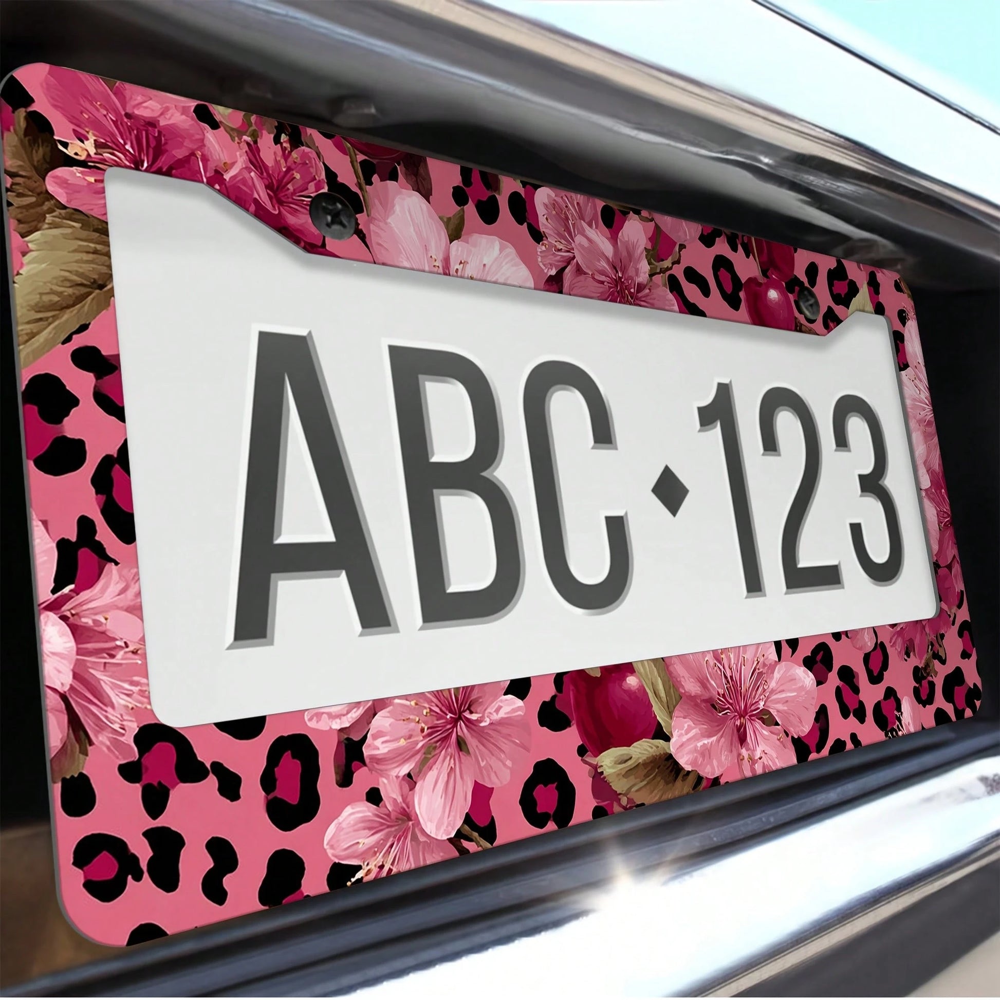 For Decorative Purposes Only, Car Accessory, 1 Aluminum License Plate Frame, Featuring Pink And Gold Leopard Print And Cherry Blossom Patterns- Made With Heavy-Duty Aluminum Construction, Rust-Proof