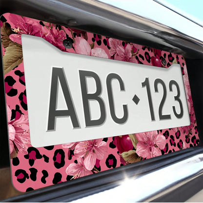 For Decorative Purposes Only, Car Accessory, 1 Aluminum License Plate Frame, Featuring Pink And Gold Leopard Print And Cherry Blossom Patterns- Made With Heavy-Duty Aluminum Construction, Rust-Proof