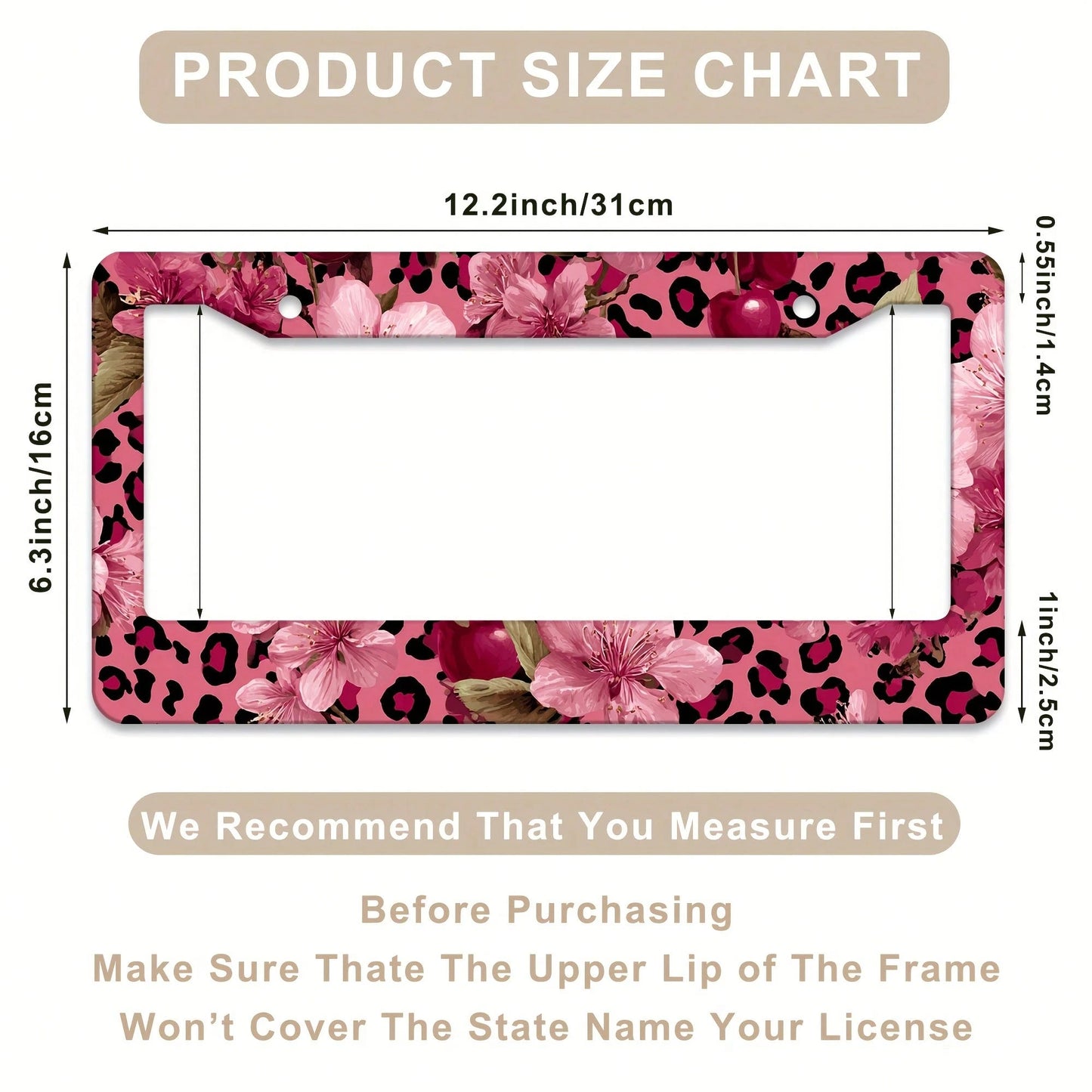 For Decorative Purposes Only, Car Accessory, 1 Aluminum License Plate Frame, Featuring Pink And Gold Leopard Print And Cherry Blossom Patterns- Made With Heavy-Duty Aluminum Construction, Rust-Proof
