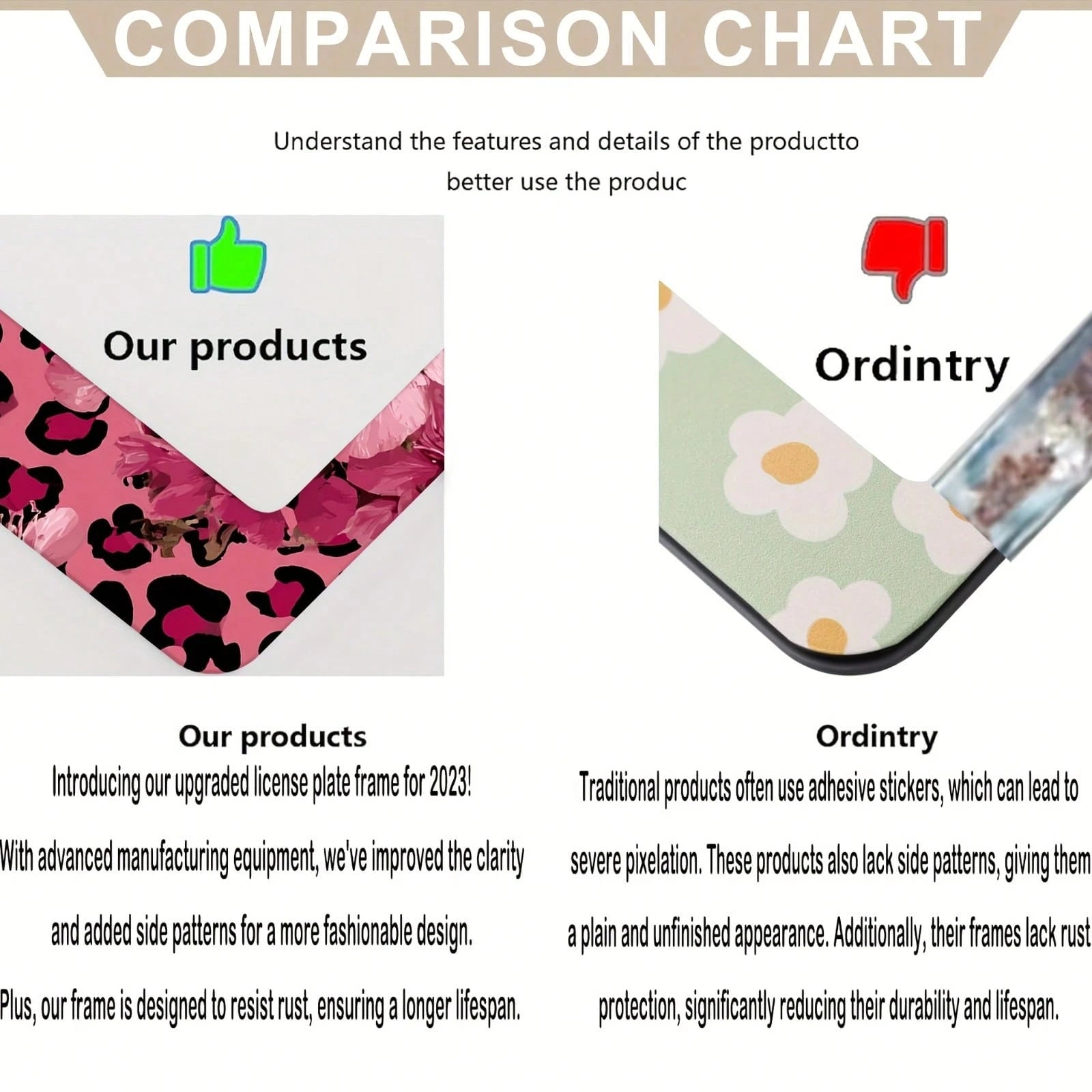 For Decorative Purposes Only, Car Accessory, 1 Aluminum License Plate Frame, Featuring Pink And Gold Leopard Print And Cherry Blossom Patterns- Made With Heavy-Duty Aluminum Construction, Rust-Proof