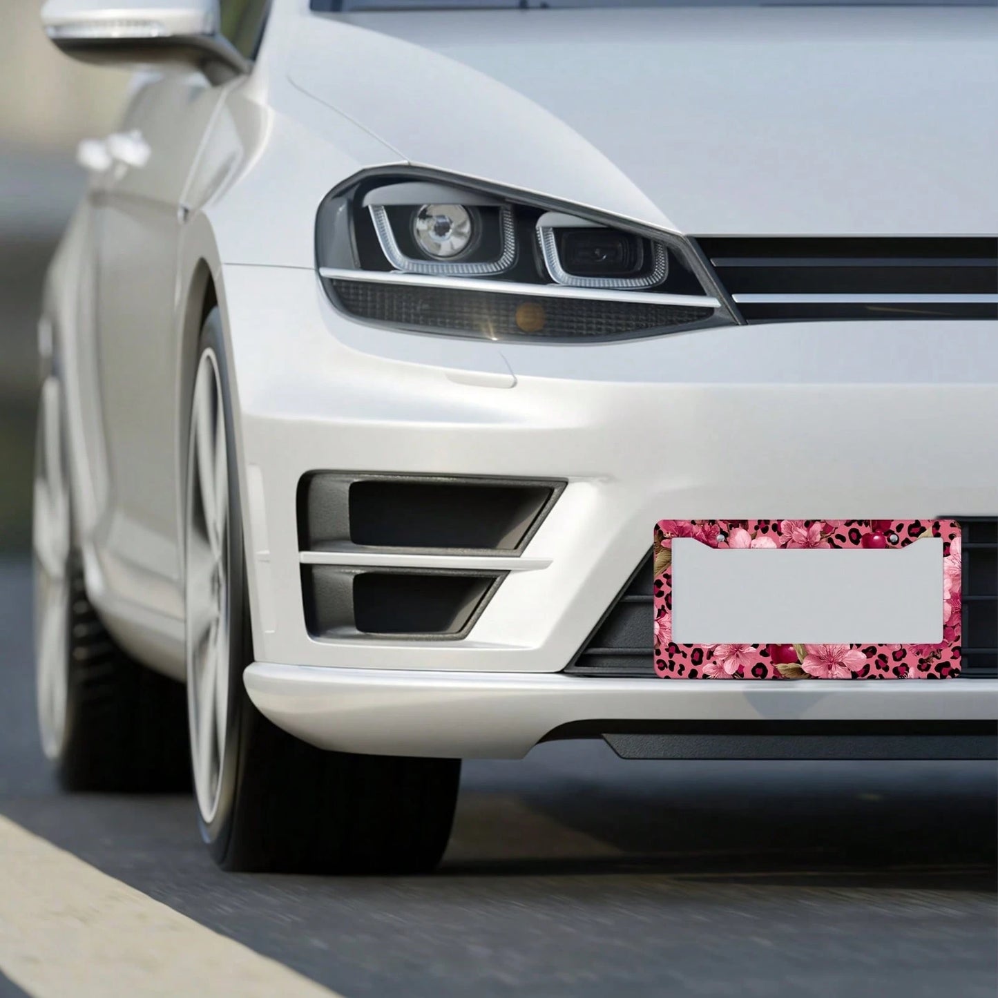 For Decorative Purposes Only, Car Accessory, 1 Aluminum License Plate Frame, Featuring Pink And Gold Leopard Print And Cherry Blossom Patterns- Made With Heavy-Duty Aluminum Construction, Rust-Proof