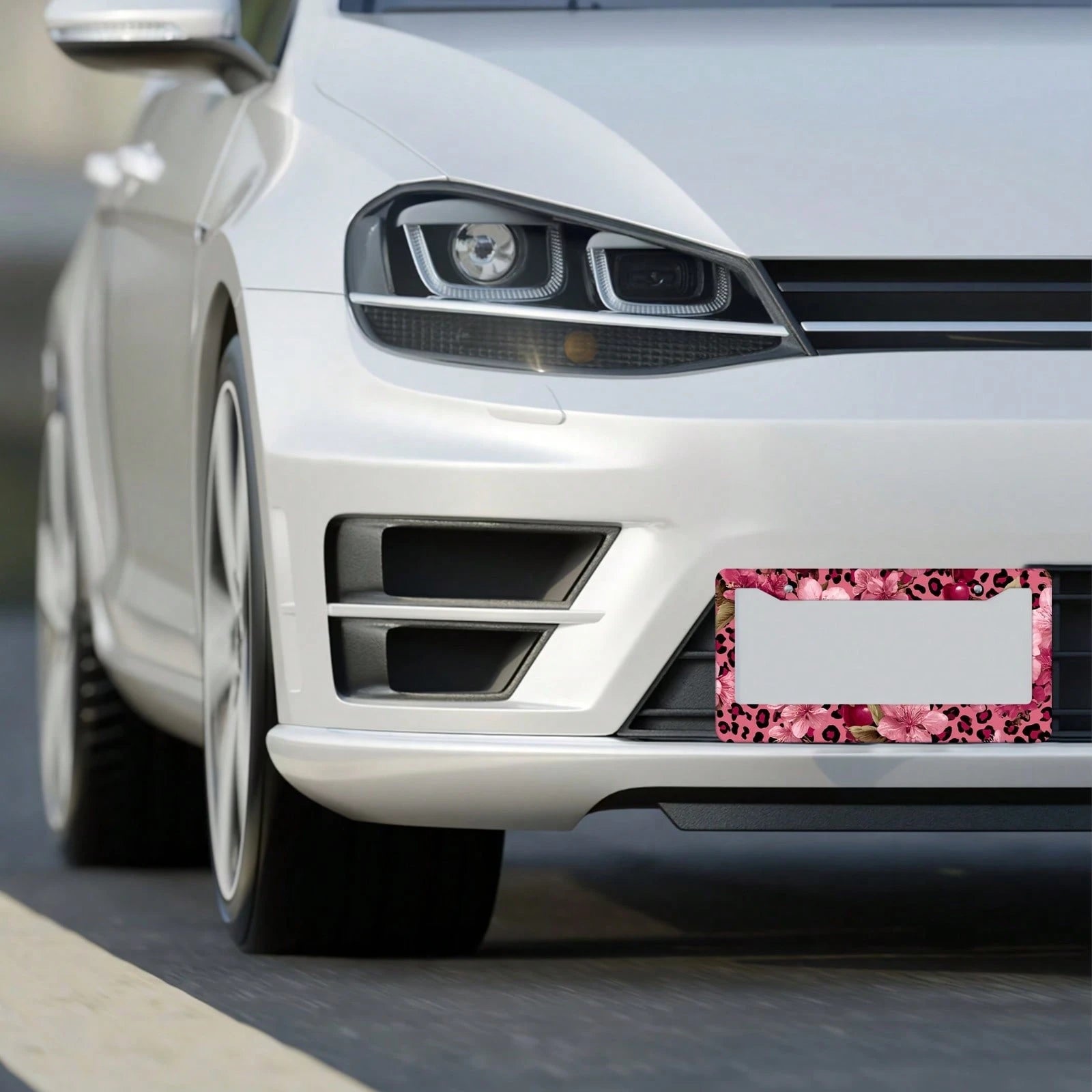 For Decorative Purposes Only, Car Accessory, 1 Aluminum License Plate Frame, Featuring Pink And Gold Leopard Print And Cherry Blossom Patterns- Made With Heavy-Duty Aluminum Construction, Rust-Proof