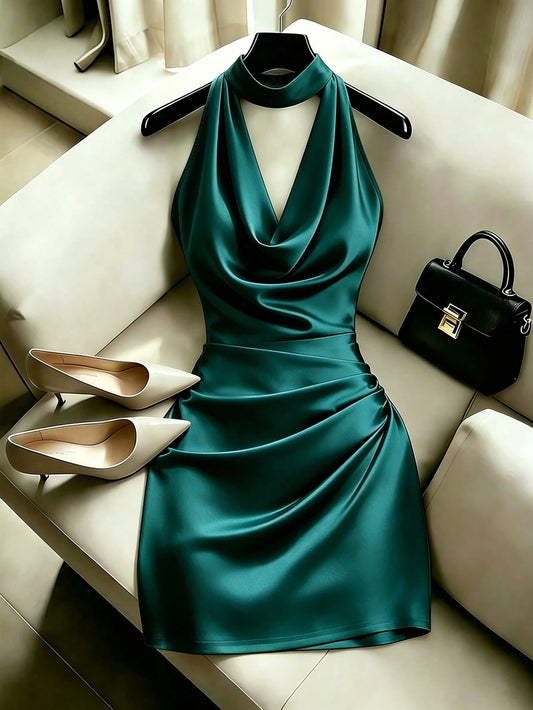 Franclia Elegant New Fashion Brown Draped Neck Dress, With Draped Neckline, Waist Pleats For Slim Fit, Sexy, Graceful, Stylish, Brown Bodycon Mini Dress