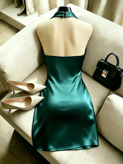 Franclia Elegant New Fashion Brown Draped Neck Dress, With Draped Neckline, Waist Pleats For Slim Fit, Sexy, Graceful, Stylish, Brown Bodycon Mini Dress