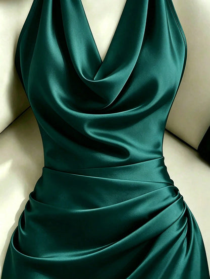 Franclia Elegant New Fashion Brown Draped Neck Dress, With Draped Neckline, Waist Pleats For Slim Fit, Sexy, Graceful, Stylish, Brown Bodycon Mini Dress