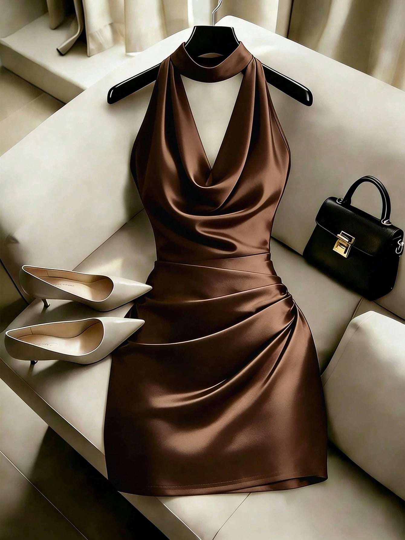 Franclia Elegant New Fashion Brown Draped Neck Dress, With Draped Neckline, Waist Pleats For Slim Fit, Sexy, Graceful, Stylish, Brown Bodycon Mini Dress