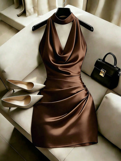 Franclia Elegant New Fashion Brown Draped Neck Dress, With Draped Neckline, Waist Pleats For Slim Fit, Sexy, Graceful, Stylish, Brown Bodycon Mini Dress
